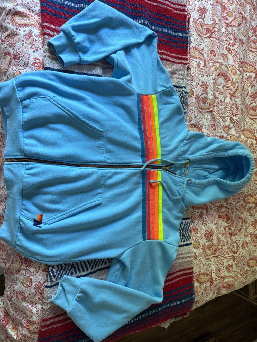 Aviator Nation Sky Blue Zip Hoodie with Rainbow Chest Stripes